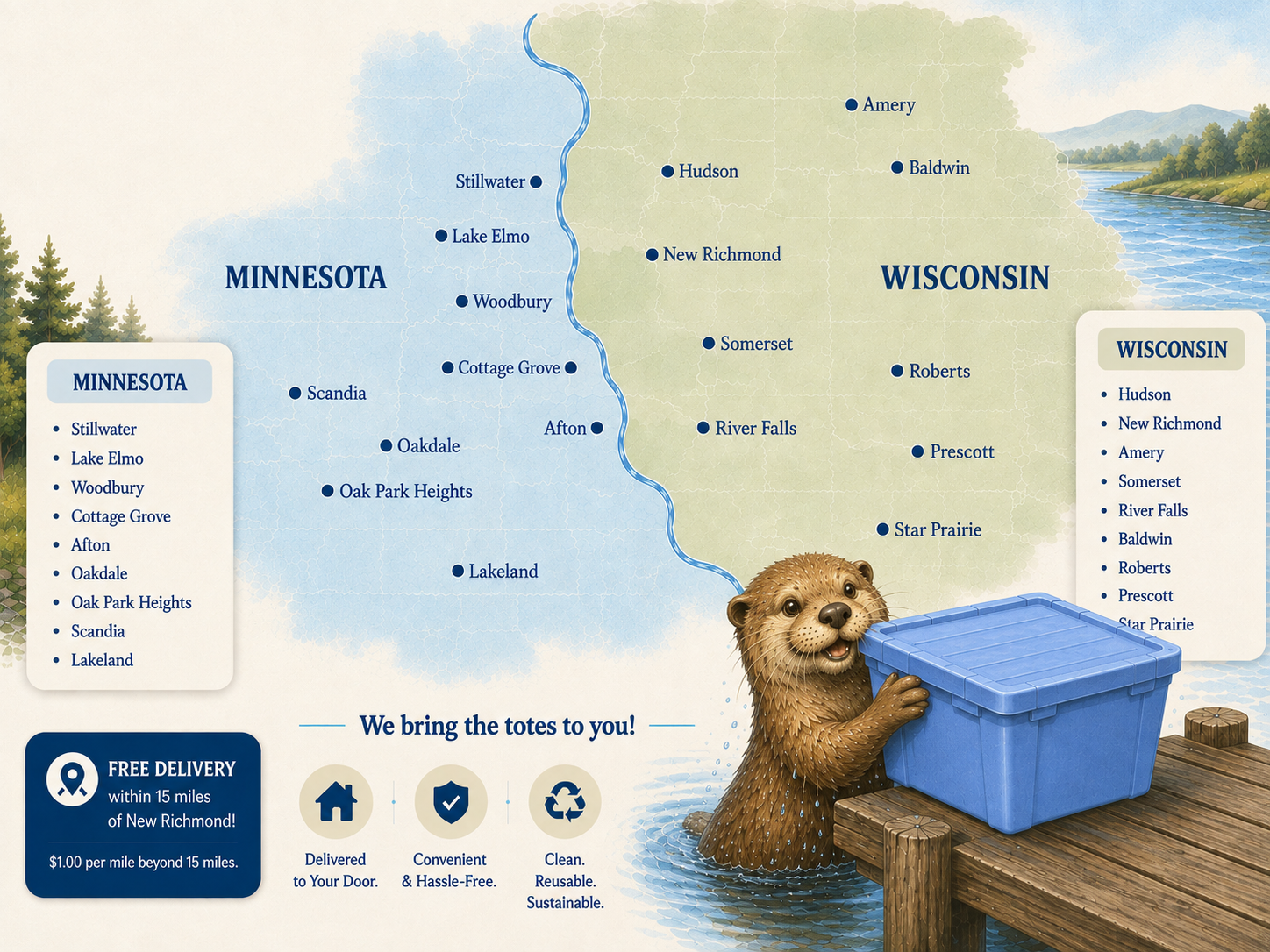 River Valley Totes delivery area map — Minnesota and Wisconsin