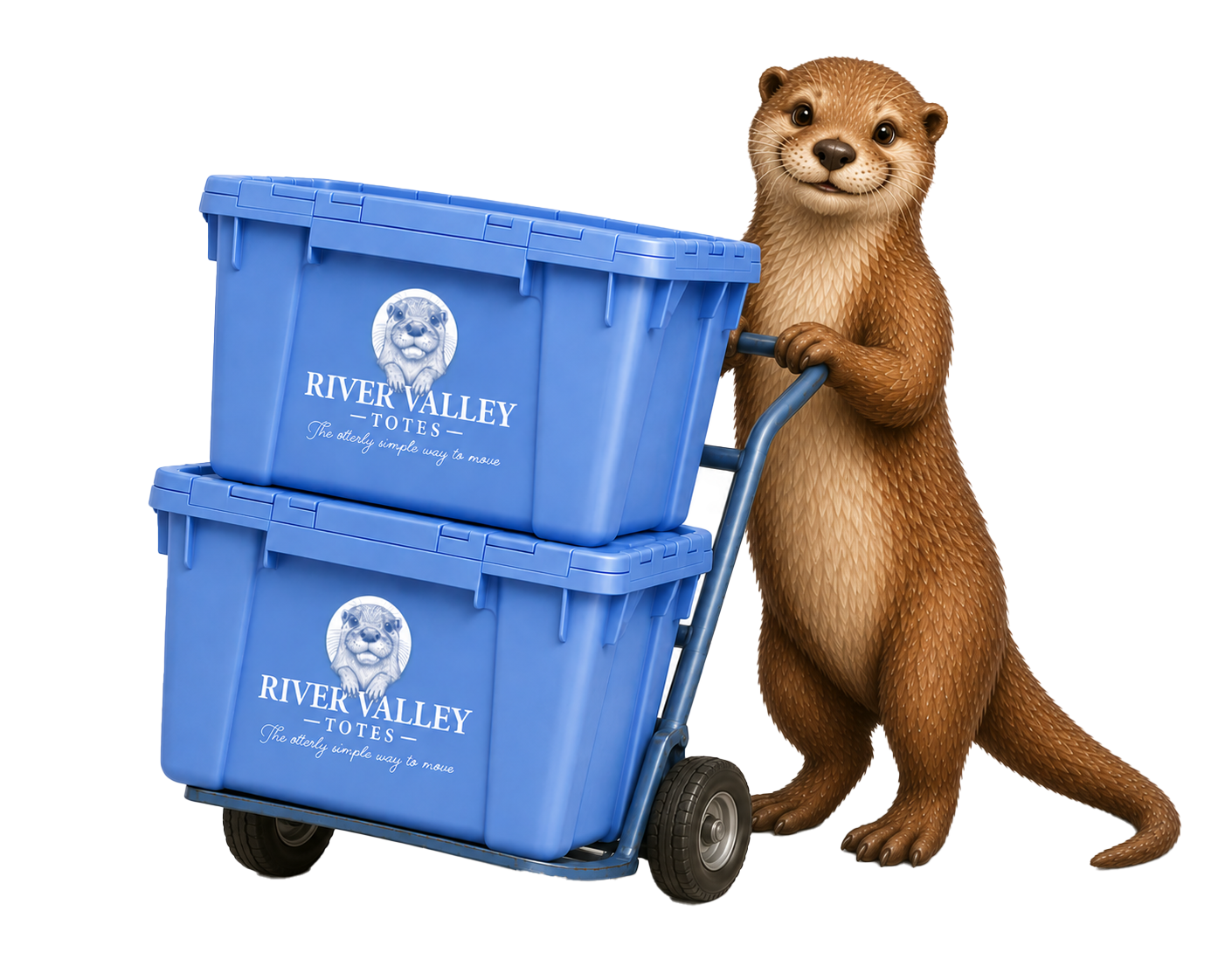 River Valley Totes otter pushing a dolly stacked with blue totes